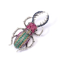 Broche luxueuse en forme de scarabée avec strass colorés sur métal argent antique - Coloré