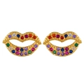 Lip-shaped golden stud earrings with colorful pavé rhinestones for a bold pop style - erq77 Lips