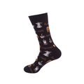 Dark brown cotton crew socks featuring white coffee theme patterns and typography - No. 054 Coffee Theme