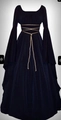 Detail of blue velvet Renaissance dress featuring lace-up bodice and flared bell sleeves - Navy Blue