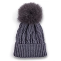 Detail of grey cable-knit baby beanie featuring a fluffy faux fur pompom and ribbed cuff - Dark Gray