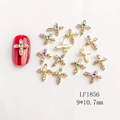 Cross-shaped alloy nail charms with iridescent rhinestones and gold base, size 9x10.7mm - Gold AB Rhinestone Cross Style (1856)