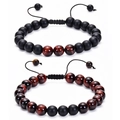 Natural red tiger eye and matte black stone beaded bracelets with adjustable braided cord - Red Tiger Eye & Matte Stone 2Pcs Set (Style 03)