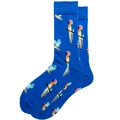 Mid-calf crew socks in bright blue featuring vibrant colorful parrot patterns - Blue Parrot