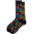 Black cotton crew socks with vibrant colorful geometric patterns and ribbed cuffs - Colorful Polygon
