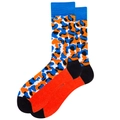 Vibrant leopard pattern crew socks in blue and orange with black heel and toe - Camo Blue Orange