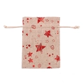 Linen Christmas gift bag with a red star print and durable cream drawstring closure - Red Stars Moon / 10*14cm