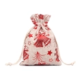 Linen Christmas drawstring gift bag with festive red bell and star pattern prints - Red Big Bell