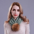Winter grass green knitted scarf with large fluffy brown fur ball decoration - Green