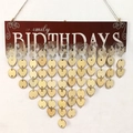Detail of wooden family birthday calendar with hanging heart and round heart tags - Family BIRTHDAYS Red Gold