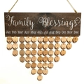 Detail of wooden family birthday calendar plaque with hanging round wood tags - Family Blessings