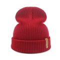 Burgundy ribbed knit beanie with stylish brown faux leather brand label and rivet - 52-60CM / Red
