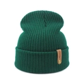 Classic dark green ribbed knit beanie with a brown leather logo patch and metal rivet - 52-60CM / Green