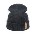 Classic black ribbed knit beanie featuring a brown leather patch and warm fabric - 52-60CM / Black