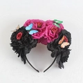 Mexican floral headband with magenta roses and colorful decorative butterflies - Purple Black