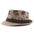 Cappello di paglia marrone con stampe di palme nere e nastro decorativo per vacanze al mare - 58cm / Cachi