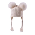 Detail view of cream knit baby hat with double pom poms and braided earflap ties - Beige