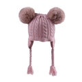 Pink knit baby hat with dual faux fur pom-poms and braided earflaps for winter warmth - Dusty Pink