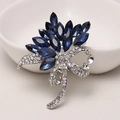 Silver flower bouquet brooch with dark blue marquise crystals and a crystal-studded bow - MM-BR-0493 White K (Bow Flower)