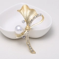 Elegant gold bow and ginkgo leaf brooch with crystals and a white faux pearl - 0467-Gold Bow Ginkgo Pearl