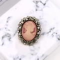 Vintage oval cameo brooch with pink silhouette and bronze filigree rhinestones - Pink Antique Bronze