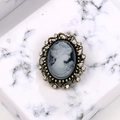 Vintage cameo brooch with black and white portrait in bronze finish with rhinestones - Grey Antique Bronze