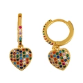 Golden heart hoop earrings with rainbow colorful zircon stones for women's fashion - Heart / Gold