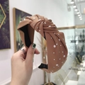 Brown knotted headband with pearls and rhinestones on twill fabric for women - Khaki