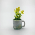 Miniature white ceramic mug flower pot with cat pattern and yellow artificial flowers - Cat Pattern Mug Style (S)