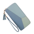 Geometric patchwork long zip wallet for women with tassel and wristlet strap - Blue