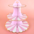 Three-tier pink and white striped paper cupcake stand with elegant gold wavy edges - Rose Red Lollipop