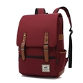Vintage burgundy canvas travel backpack featuring brown PU leather straps and metal buckles - 16" / Burgundy with Black Zipper