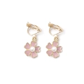 Pink five-petal flower clip-on earrings with white pearl center for women - Triangle Clip-on / Pink Gold