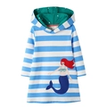 Blue and white striped girls' long sleeve hooded dress with mermaid embroidery - 4T Recommended Height 95-100 / Top And Bottom - Blue and White Striped Mermaid (7162) / Blue and White Stripes