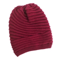 Close-up of wine red knitted beanie showing thick diagonal weave and elastic ribbed cuff - One Size / Wine Red