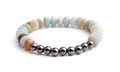 Elastic beaded bracelet featuring blue amazonite, white marble stone, and hematite beads - Multicolor Beaded Bracelet With Hematite