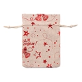 Linen Christmas drawstring gift bag with red glitter star and Russian New Year text - Red Star Bell