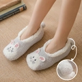 Graue Korallenvlies-Bodensocken für Damen mit süßem Hasendesign und Plüschfutter - Grau Cartoon / Hellgraue Maus