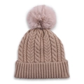 Detail of cable knit beanie in camel with fluffy faux fur pom-pom and ribbed cuff - Khaki