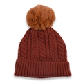 Deep brown cable knit beanie with a large fluffy pom-pom for winter warmth - Caramel color