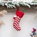 Red and white chevron knit Christmas stocking with pom-poms, size 40cm x 22cm - Red White Striped (SDW019)