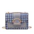Schultertasche aus blau-weißem Tweed mit grauer Lederklappe und goldener Kette - Blau