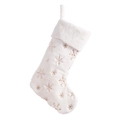 White faux fur Christmas stocking with golden embroidered snowflakes for holiday decor - White/Gold Sequin