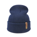 Classic ribbed knit beanie in navy blue with a vintage brown leather label detail - 52-60CM / Navy Blue