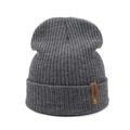 Deep grey ribbed knit beanie for adults with a stylish brown leather logo patch - 52-60CM / Gray