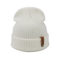 Creamy white ribbed knit beanie for men and women featuring a vintage leather side patch - 52-60CM / White