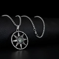 Men's silver compass pendant necklace with black dial and box chain on leather background - Octagonal Compass Star Style (A159)
