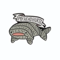 Cartoon whale shark enamel pin with My Head Hurts ribbon slogan in grey and white - MY HEAD HURTS Whale Shark