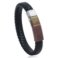 Bracciale da uomo in pelle nera intrecciata con chiusura metallica tricolore unica - Nero