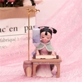 Resin girl figurine in pink and green vintage dress playing guqin with lantern - 1060-6 Playing Music Style